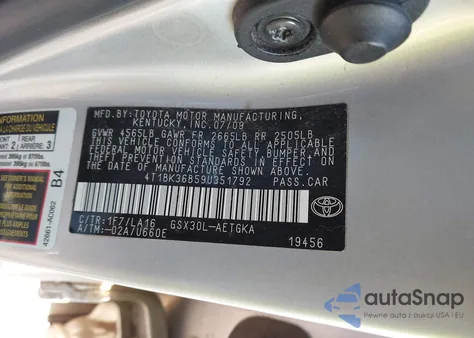 2009 Toyota Avalon Xls z USA, uszkodzony, nr VIN 4T1BK36B59U351792